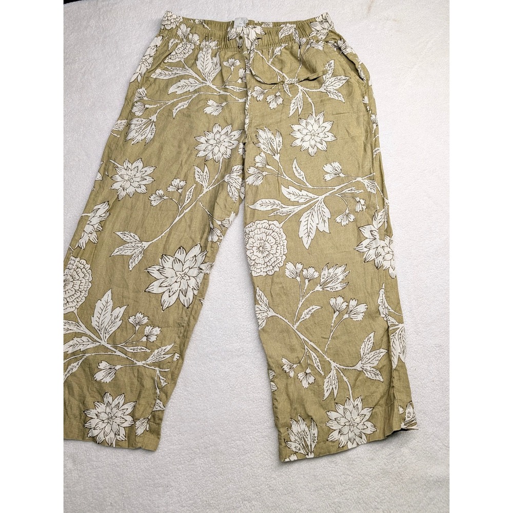 Joie Womens 100% Linen Floral Wide Leg Cropped Pants Olive Green Size M